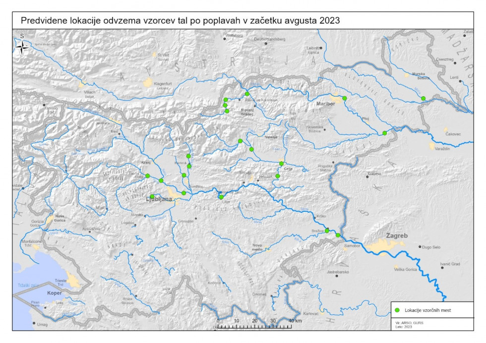 Zemljevid Slvoenije 22 točkami za vzorčenje tal.