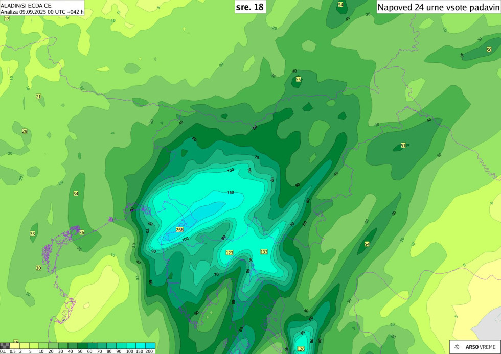 Model Aladin je v sredo nad slovenskim delom Istre napovedoval 266 mm padavin na kvadratni meter