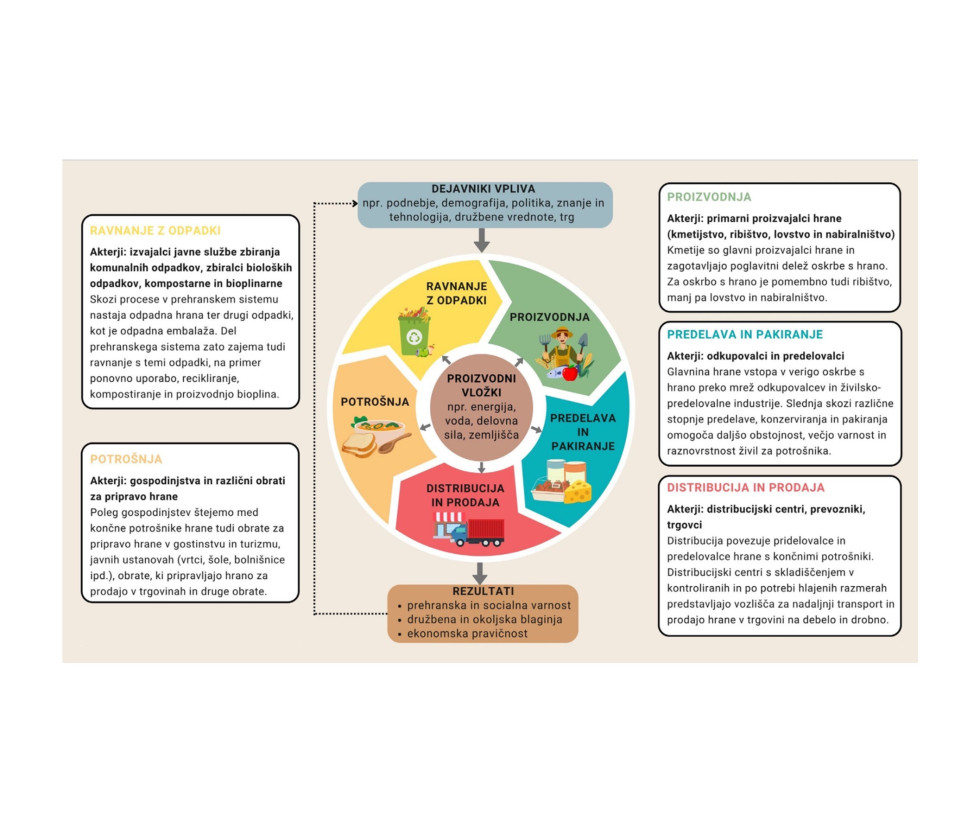 Prikaz prehramene verige od proizvodnje preko predelave, distribucije, potrošnje do odpadka.