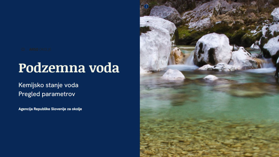Prva stran aplikacije. Na desni strani slika izvira. Na levi strani napis: Podzemna voda. Kemijsko stanje voda. Pregled parametrov.