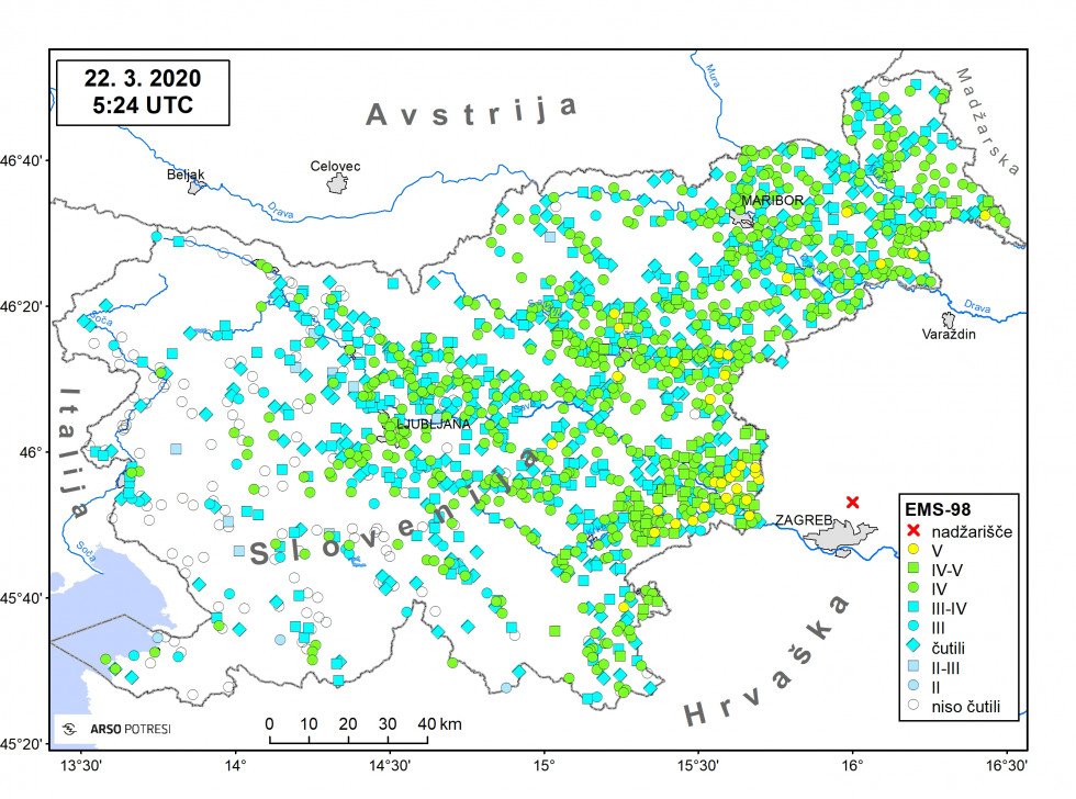 Zemljevid z učinki potresa pri Zagrebu 22. 3. 2020 v 1648 naseljih po Sloveniji