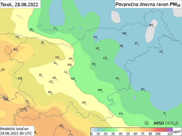 Slika prikazuje ravni puščavskega prahu nad Slovenijo 28. junija. Najvišje, do 75 mikrogramov na kubični meter bodo v jugozahodni Sloveniji.