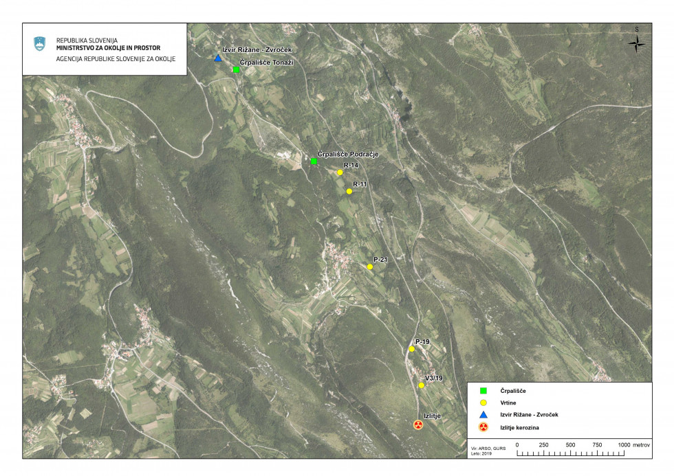 Lokacije nesreče vlaka v Dolu pri Hrastovljah, vrtin, črpališč vode za Rižanski vodovod in izvira reke Rižane