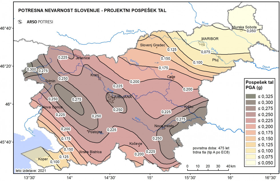 Zemljevid Slovenije z označenimi področji glede na potresno nevarnost