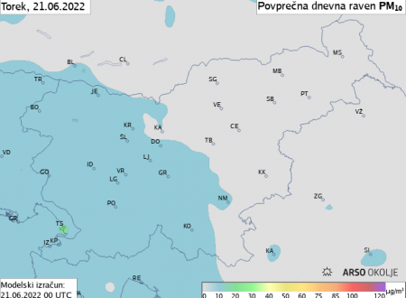 Slika prikazuje pričakovane povišane ravni delcev nad zahodno Slovenijo.
