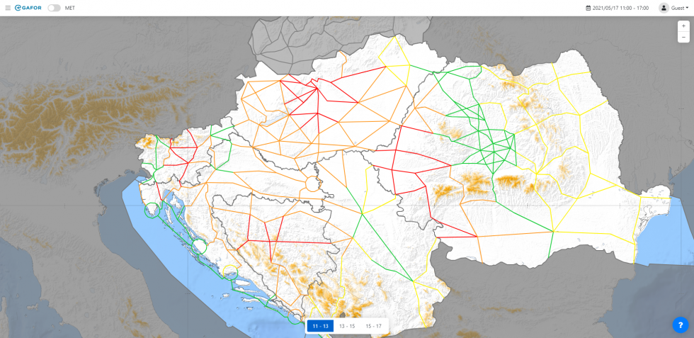 Rdeča barva – vremenski pogoji za letenje ne bodo primerni. Oranžna barva – zelo tvegano letenje.  Rumena barva – oteženo letenje. Zelena barva – vreme na letenje ne bo imelo vpliva.