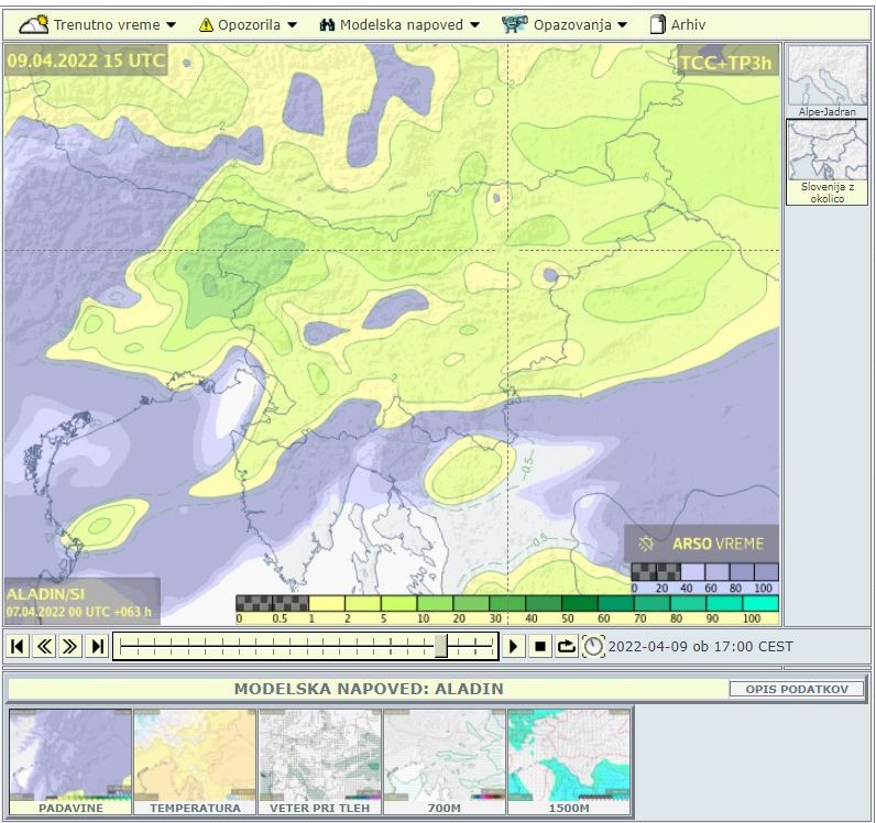 Zemljevid s prikazom oblačnosti in padavin nad Slovenijo