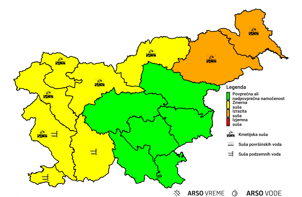 S semaforskimi barvami označena stopnja suše v posamezni regiji Slovenije, z ikono pa izstopajoča vrsta suše: ali je v površinskem sloju tal, v površinskih vodah ali v podzemnih vodah