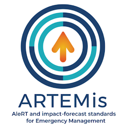 Logotip sestavljajo 3 modri krogi, v sredini je oranžna puščica, usmerjena navzgor, pod krogi pa napis: ARTEMis – AleRT and impact-forecast standards for Emergency Management