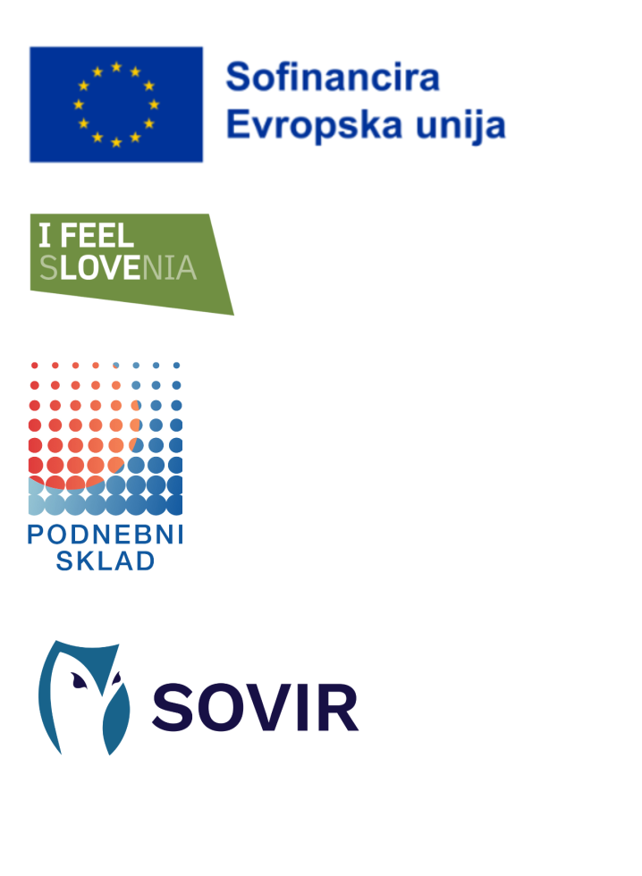 Eden pod drugim so postavljeni logotipi: Evropske kohezijske politike 2021-27, I feel Slovenia, logotip podnebnega sklada in logotip projekta SOVIR. 