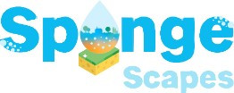 Logotip projekta SpongeScapes, ki je sestavljen iz imena projekta (SpongeScapes). O je oblikovan v kapljico vode, v kateri se zrcali pokrajina, spodaj pa je spužvasta gobica.