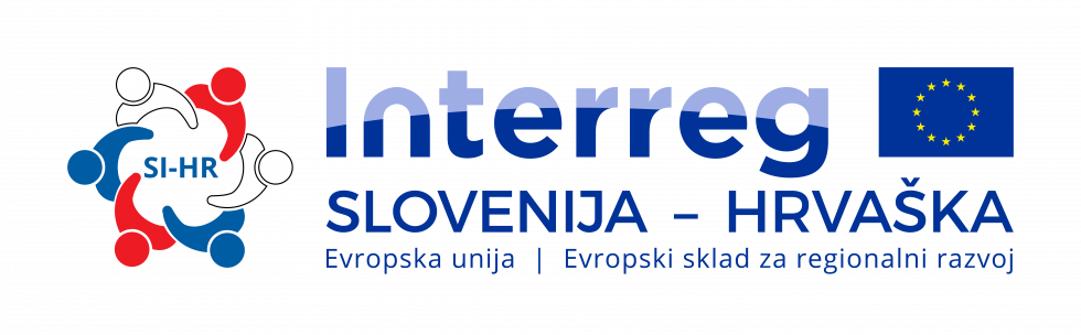 Logotip programa Interreg Slovenija Hrvaška, Evropski sklad za regionalni razvoj, zastava EU. Stilizirani ljudje, ki sedijo v krogu predstavljajo čezmejno povezanost.