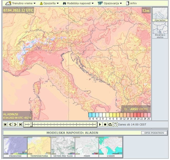 Zemljevid s prikazom temperature dva metra nad tlemi v Sloveniji in v sosednjih državah