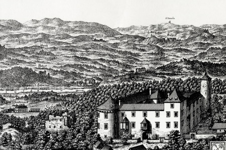Black and white depiction of castles.