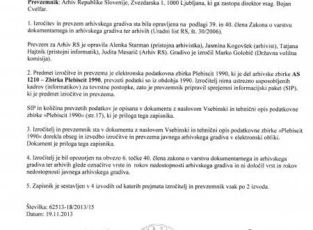 Podatkovna zbirka Plebiscit 1990 predana arhivu.