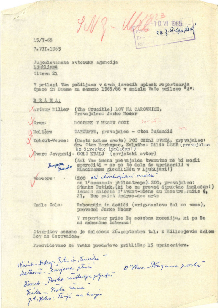 Dopis Jugoslovanske avtorske agencije z dne 10. 7. 1965.