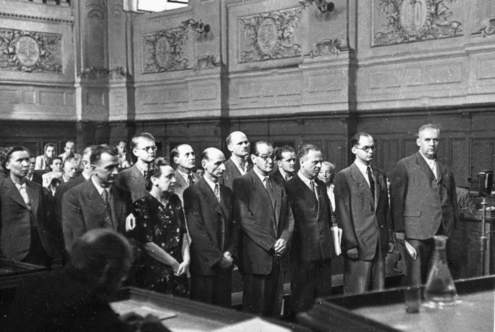 First row right to left: Črtomir Nagode, Ljubo Sirc, Leon Kavčnik, Boris Furlan, Zoran Hribar, Angela Vode, Metod Kumelj; second row right to left: Pavla Hočevar, Svatopluk Zupan, Bogdan Stare, Metod Pirc, Vid Lajovic, Franjo Sirc, Elizabeta Hribar.