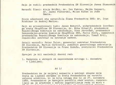 Prva stran zapisnika 77. seje Predsedstva SR Slovenije. SI AS 1944, Predsedstvo Socialistične republike Slovenije, šk. 58, p. e. 655.