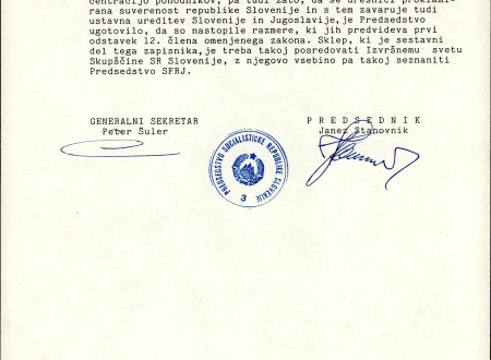 Druga stran zapisnika 77. seje Predsedstva SR Slovenije. SI AS 1944, Predsedstvo Socialistične republike Slovenije, šk. 58, p. e. 655.
