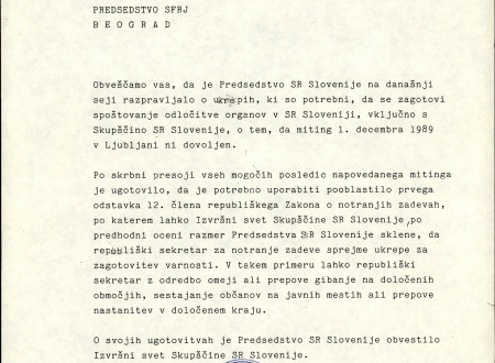 Telefaks Predsedstva SR Slovenije glede ljubljanskega mitinga Predsedstvu SFRJ v Beogradu. SI AS 1944, Predsedstvo Socialistične republike Slovenije, šk. 58, p. e. 655.