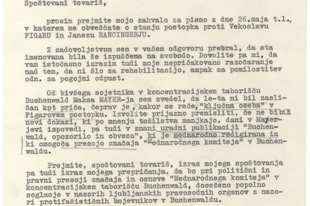 A Letter by the Czechoslovakian Minister of Justice Dr. Neuman to the Federal Secretary of Justice of the Socialist Federal Republic of Yugoslavia Regarding the Rehabilitation of Vekoslav Figar and Ivan Ranzinger