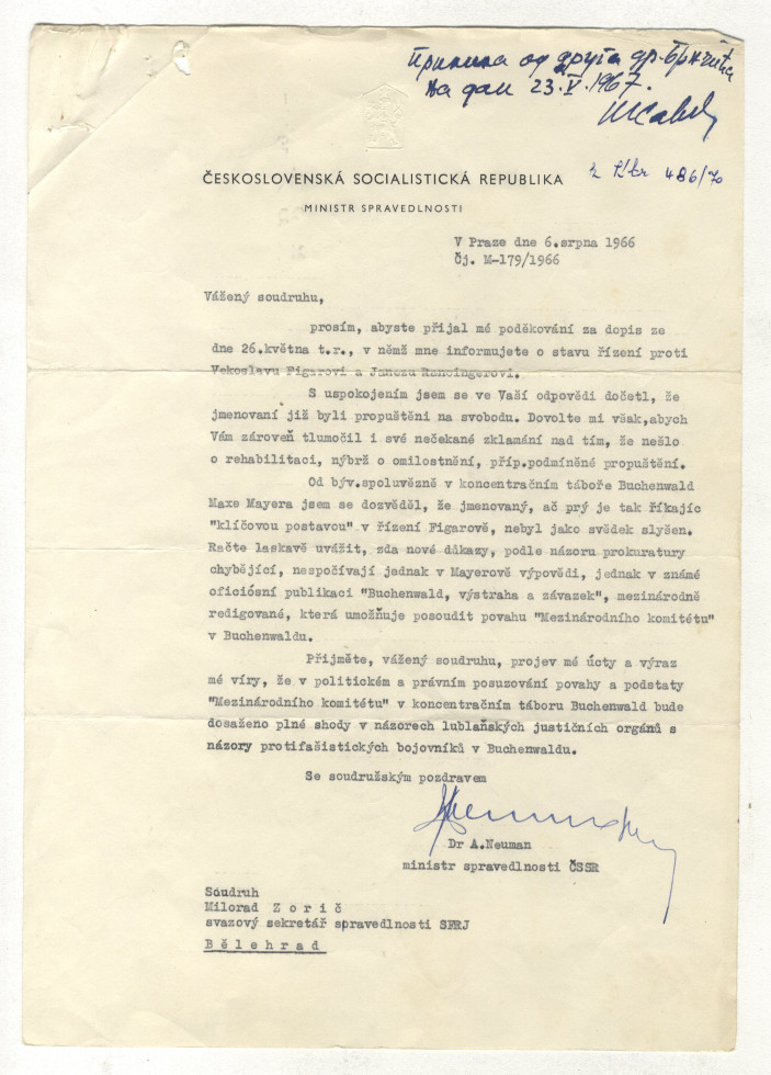 Prva stran pisma češkoslovaškega ministra za pravosodje dr. Neumana zveznemu sekretarju za pravosodje SFRJ glede rehabilitacije Vekoslava Figarja in Ivana Ranzingerja.