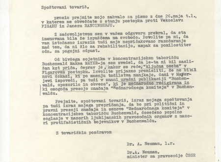 Četrta stran pisma češkoslovaškega ministra za pravosodje dr. Neumana zveznemu sekretarju za pravosodje SFRJ glede rehabilitacije Vekoslava Figarja in Ivana Ranzingerja.