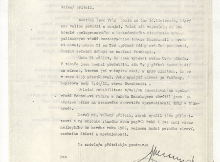 Prva stran pisma češkoslovaškega ministra za pravosodje dr. Neumana zveznemu sekretarju za pravosodje SFRJ glede rehabilitacije Vekoslava Figarja in Ivana Ranzingerja.