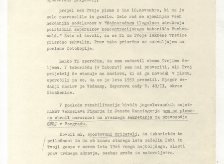 Tretja stran pisma češkoslovaškega ministra za pravosodje dr. Neumana zveznemu sekretarju za pravosodje SFRJ glede rehabilitacije Vekoslava Figarja in Ivana Ranzingerja.