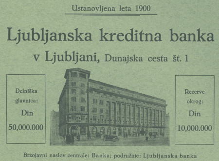 Naslovnica protokolov o plenarnih sejah upravnega sveta Ljubljanske kreditne banke 1926–1932 z upodobitvijo sedeža banke.