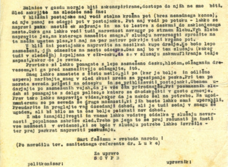 Prva stran poročila o slovenski centralni vojni partizanski bolnici in konspiraciji.