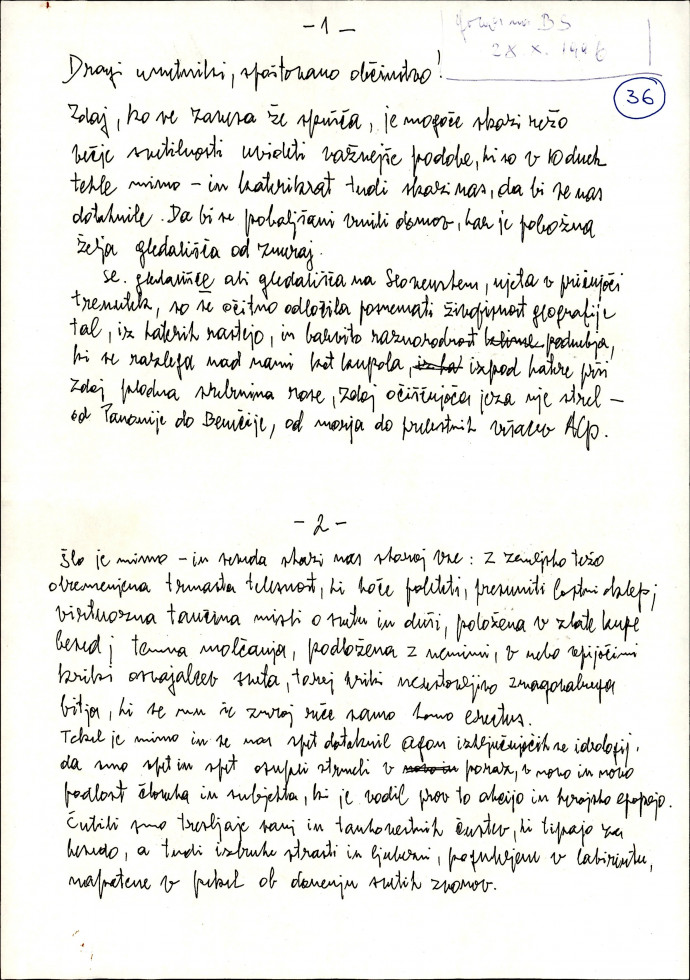 Prva stran govora Rudija Šeliga na Borštnikovem srečanju leta 1996.