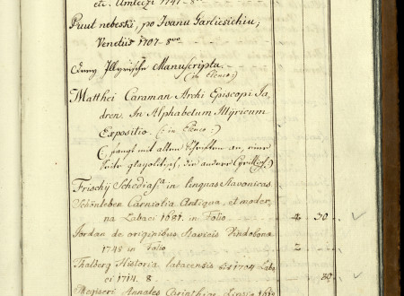 Katalog knjig plemenitega Žige Zoisa, ki je nastal predvidoma v 18. stoletju. Predstavljena je 161 stran kataloga. Hrani ga Arhiv Republike Slovenije.