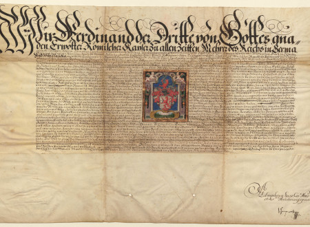 Emperor Ferdinand III of Habsburg and Claudia de' Medici Conferee a Coat-of-Arms Diploma to Andreas Michael Müller and upon all of his Legal Heirs. March 30th, 1637, Innsbruck.