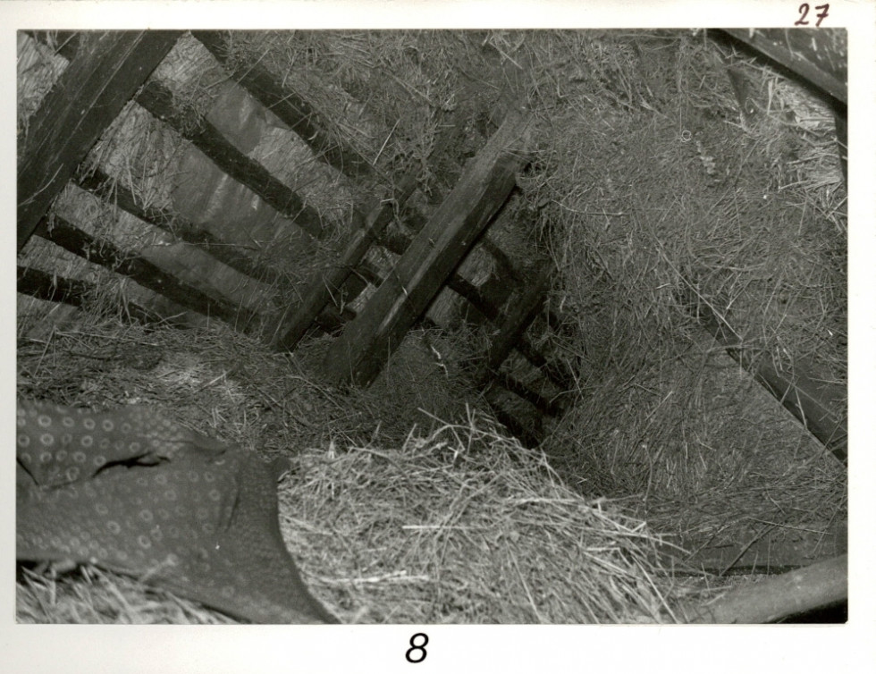 Skrivališče Janeza Rusa v senu na domačem hlevu. Na črno-beli sliki je skedenj poln sena.