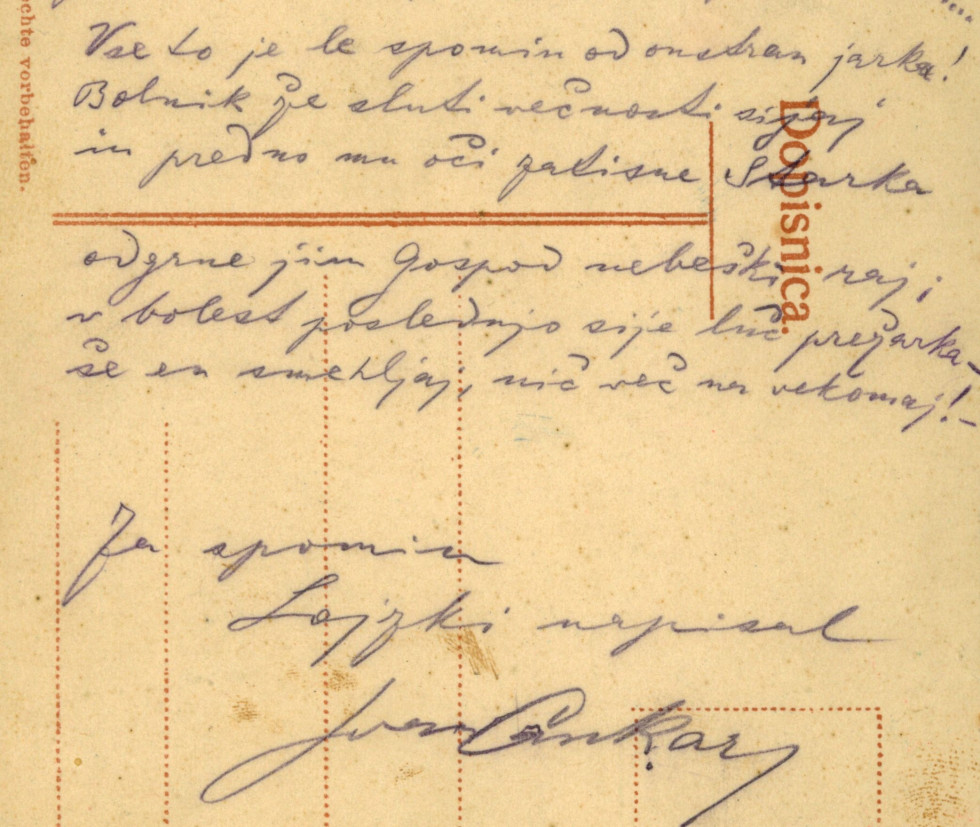 Izsek razglednice, na kateri je Ivan Cankar napisal pesem, ki jo je posvetil Alojziji Štebi.