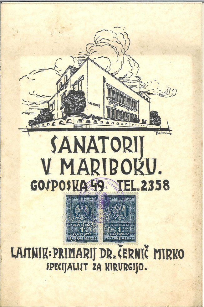 Naslovna stran reklamne brošure mariborskega sanatorija. Lastnik primarij dr. Mirko Černič.