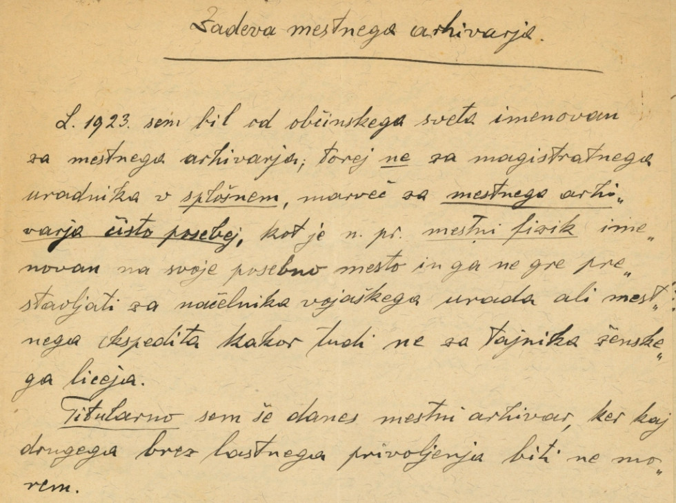 Prošnja mestnega arhivarja Vladislava Fabjančiča, naslovljena na ljubljanskega župana Vladimirja Ravniharja septembra 1935.