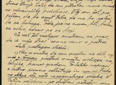 Sedma stran prošnje mestnega arhivarja Vladislava Fabjančiča, ki jo je  septembra 1935 naslovil na ljubljanskega župana Vladimirja Ravniharja.