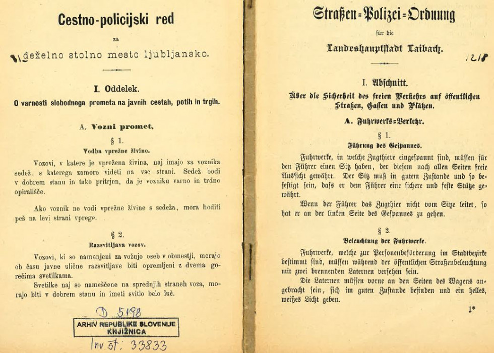 Prva stran cestno-policijskega reda v slovenskem in nemškem (gotica) jeziku.