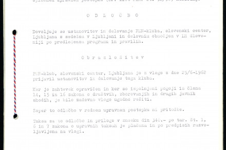 Odločba o dopustitvi ustanovitve PEN (15. 8. 1962)
