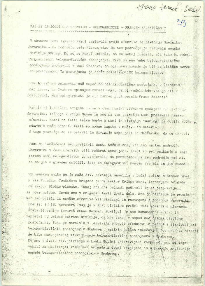 Prva stran spominskega zapisa Staneta Semiča o srečanju Karla Destovnika in Franceta Balantiča ob uničenju domobranske postojanke v Grahovem iz novembra 1943. 