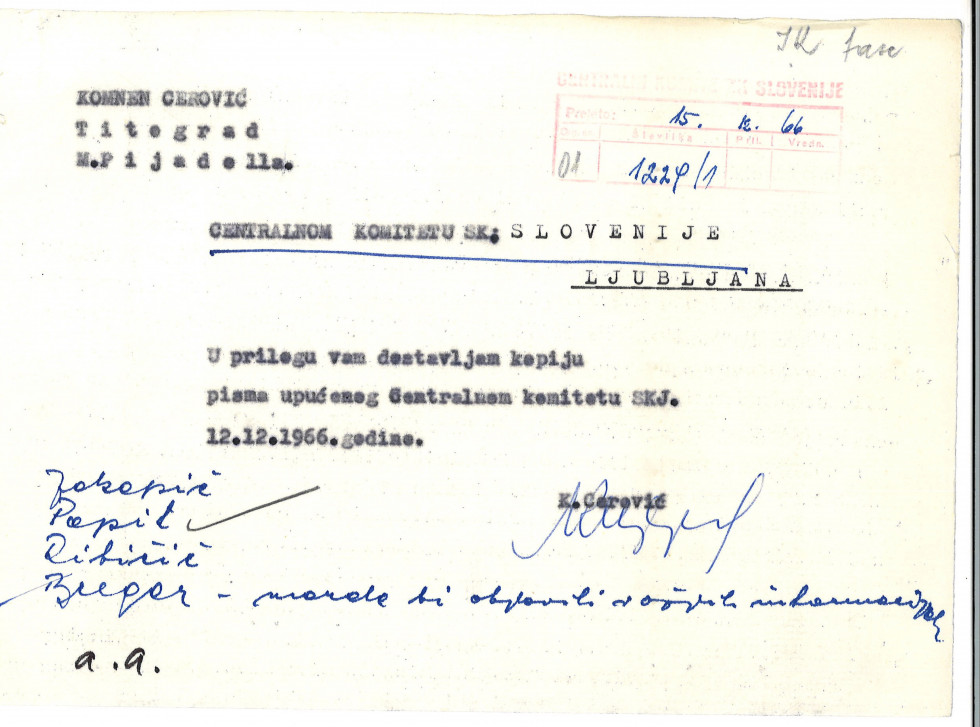 The document has the names of recipients attributed - Jakopič, Popit, Ribičič, Bregar.