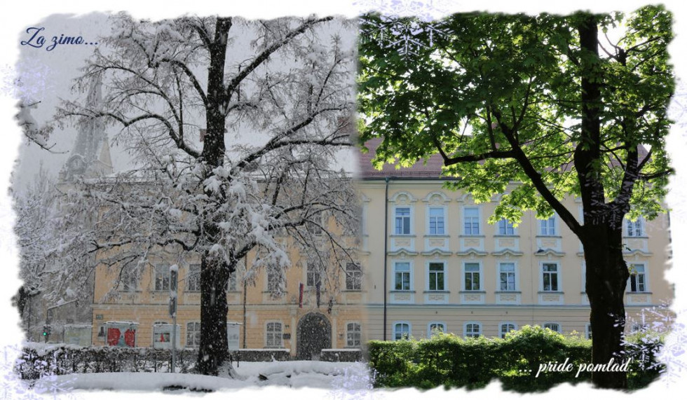 Gruber Palace between the winter snowstorm and the spring sun.