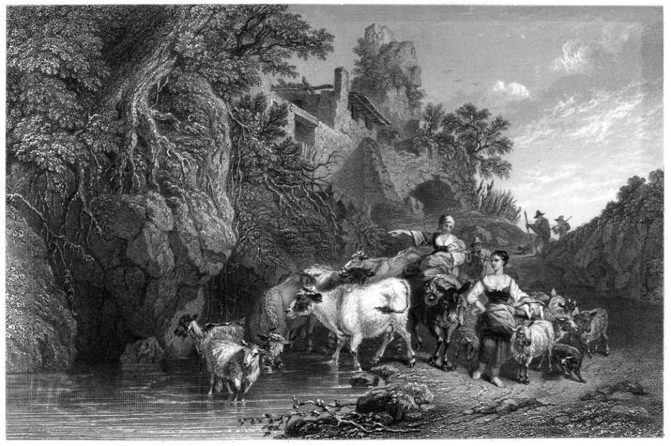 Slika prikazuje skupino deklet, ki pasejo krave in drobnico ob potoku. 