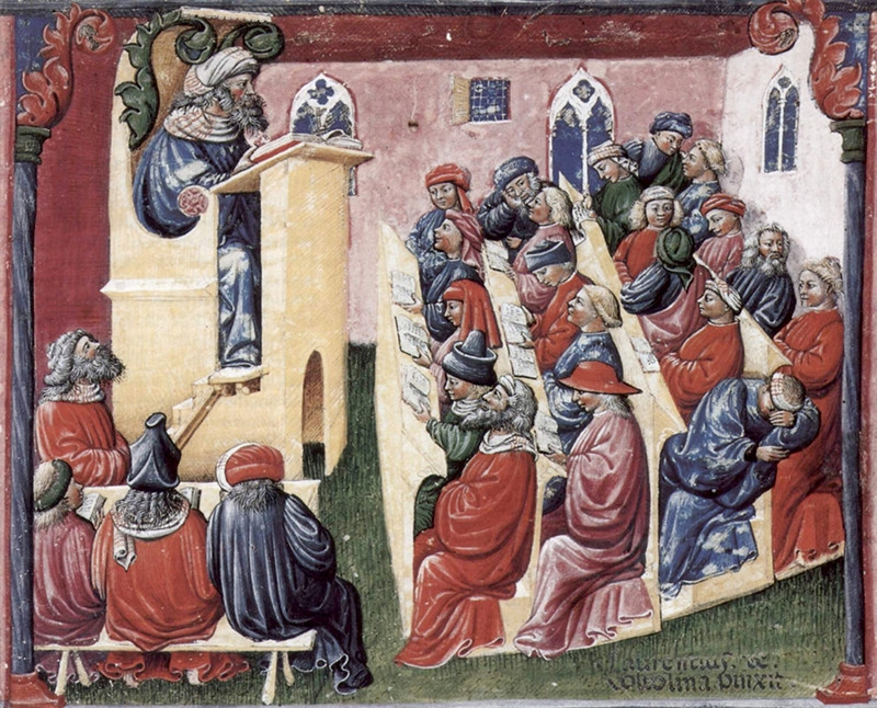 Upodobljen je Laurentius de Voltolina med predavanjem predavanje na univerzi obdan s slušatelji. Slika izvira iz 14. stoletja.