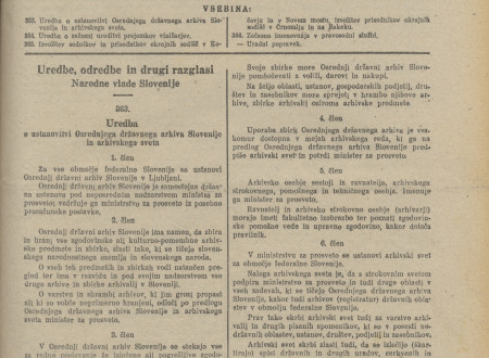 Uredba o ustanovitvi državnega arhiva je bila objavljena 7. novembra 1945 pod oznako 363. v 50. številki uradnega lista.