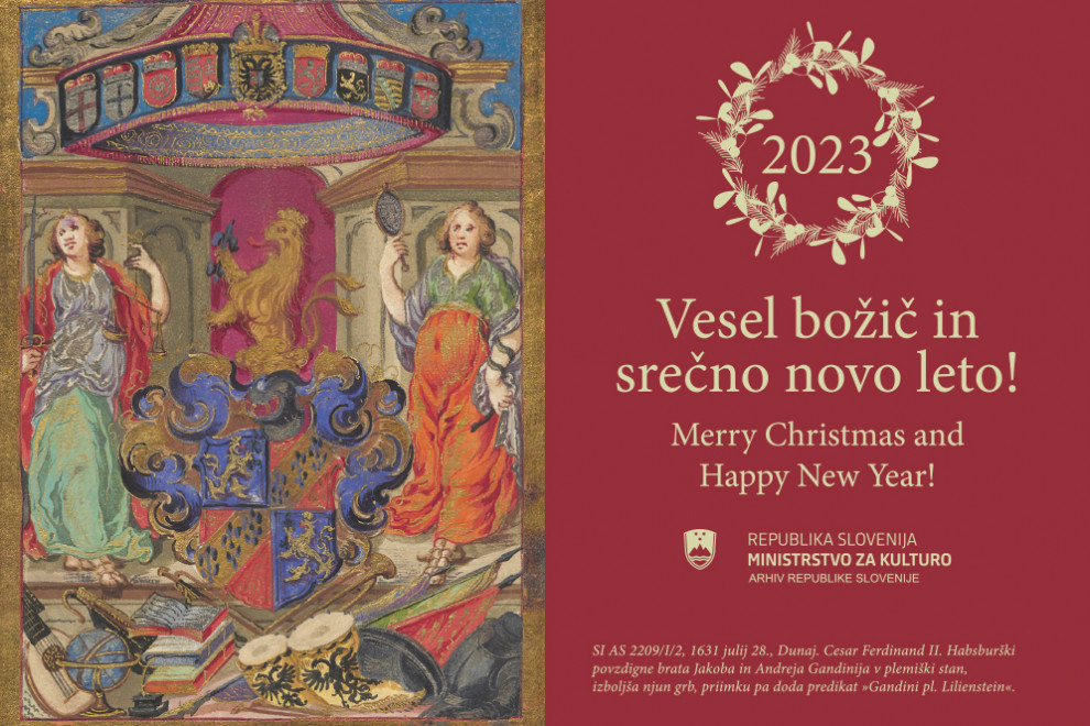 Festive greeting with a depiction of the elevation of Jakob and Andrej Gandini to nobility. Emperor Ferdinand II. of Habsburg performed the ceremony on July 28, 1681.  