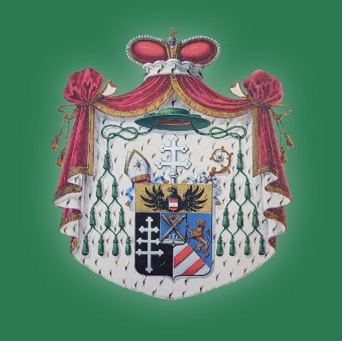 Zeleno ozadje, v sredini grb s škofovskim nadklobukom.