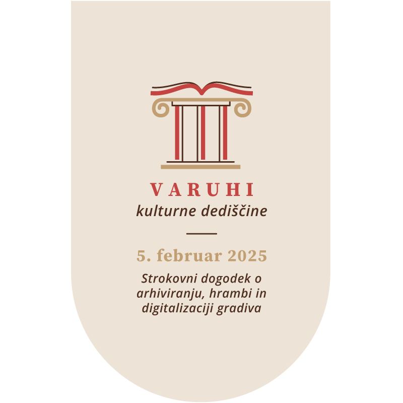 Logotip. Na njem napis: Varuhi kulturne dediščine, 5. februar 2025, Strokovni dogodek o arhiviranju, hrambi in digitalizaciji gradiva.